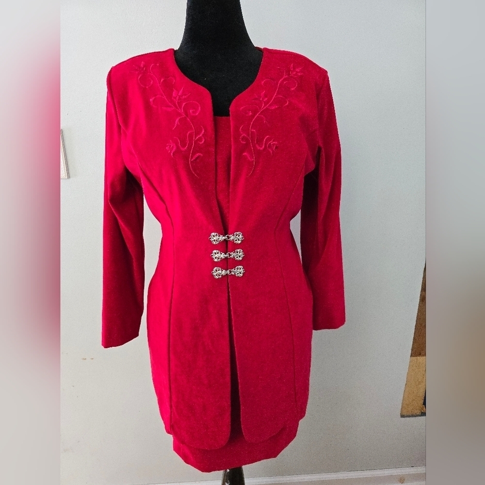 Vtg Fashion Bug Red Career Dress Faux Jacket Embroidered Women's Size 10P Dark
